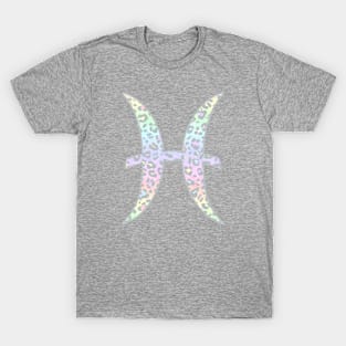 Pisces Zodiac Horoscope Symbol in Pastel Rainbow Leopard Print T-Shirt